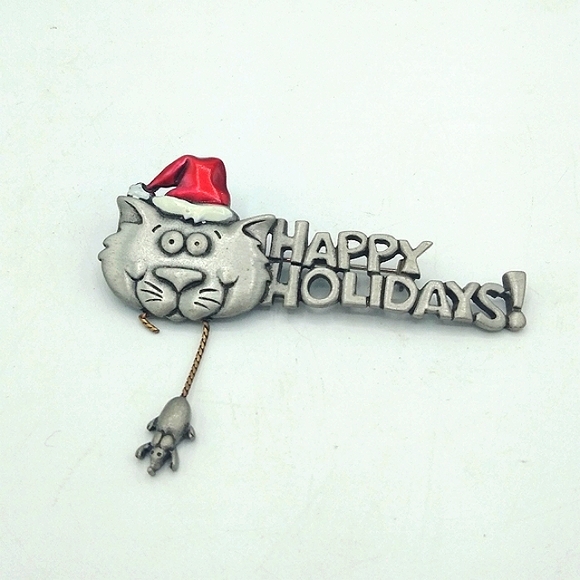 JJ Jonette Vintage Santa Hat Cat Mouse Dangle Brooch Happy Holidays Pin 2.75" - Picture 12 of 12